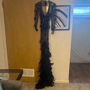 Chic Sheer Black Gown with Feather Details